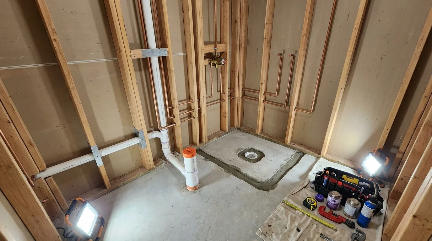Bathroom rough-in plumbing during remodel by Johns Plumbing LLC in Woodbury