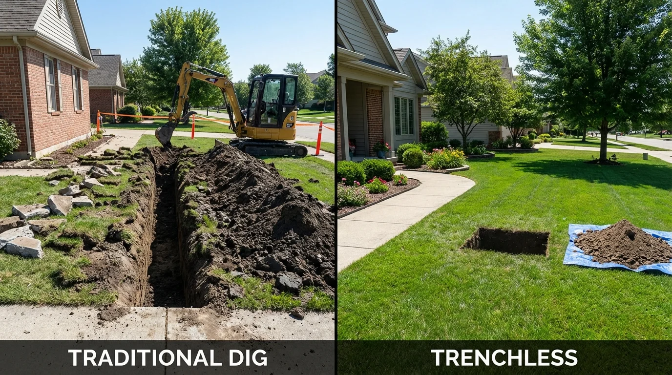 Trenchless sewer repair with minimal yard damage versus traditional excavation in Woodbury, TN