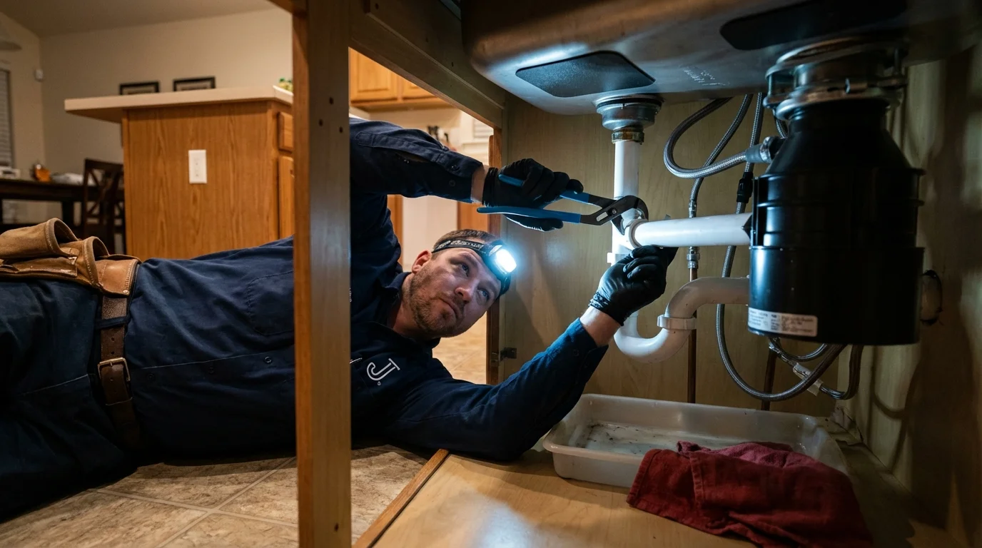 P-trap and supply line connections under a kitchen sink showing a common leak point in Woodbury, TN